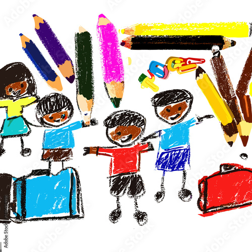 childish drawing artwork with pencil colors on the drawing book