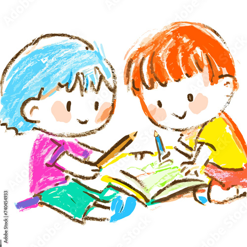 children drawing together. crayons artwork boy and girl