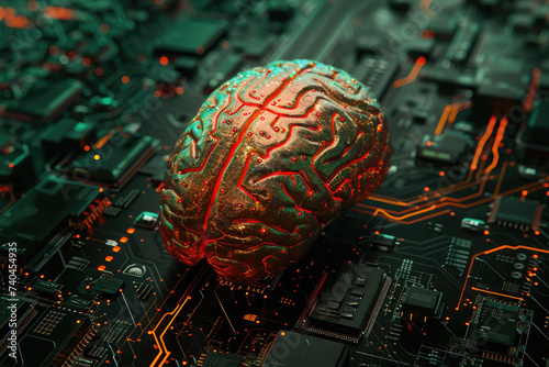 AI Robot Brain and Circuit Board Against a Black Background