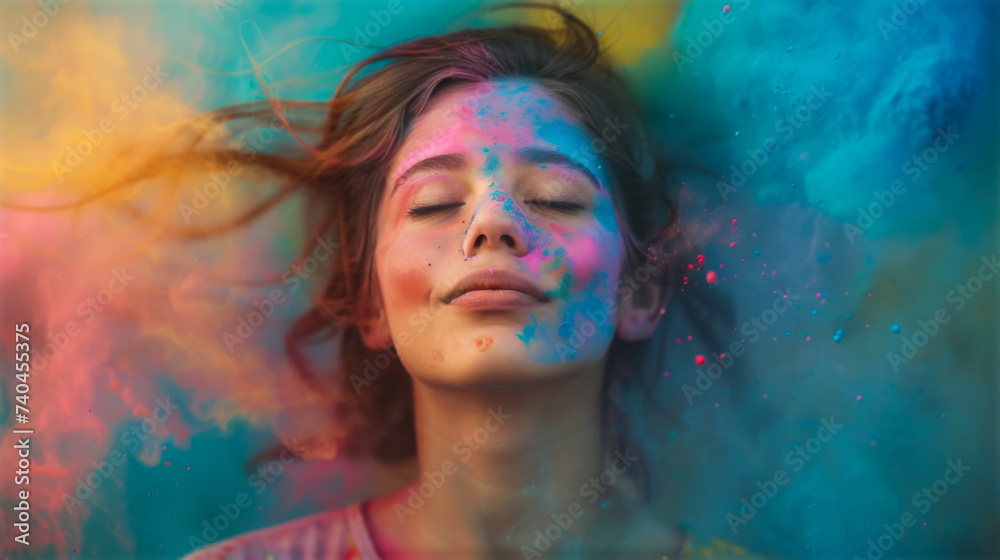 A young woman enjoying the moment of bliss in the festival of colours Holi.