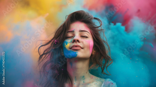 A young Indian ethnic female enjoying the Festival of Colours, Holi.