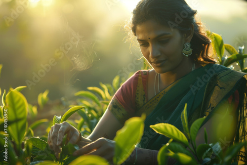 A woman plucking tea leaves from the plantation in the morning  photo