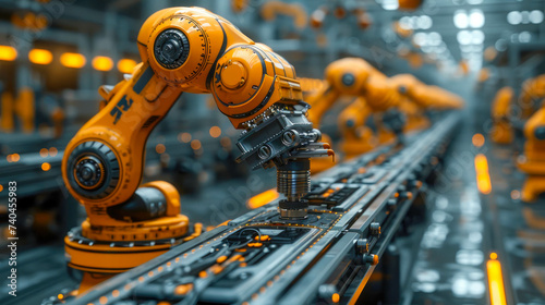 Industrial robot arms working in factory production line. Concept of artificial intelligence for industrial revolution and automation manufacturing process