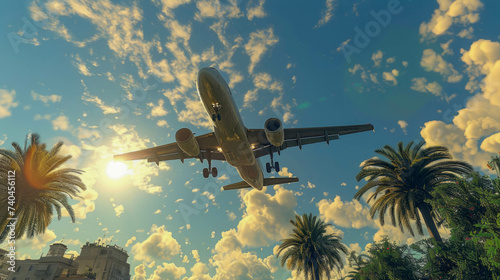 Airplane flying in the sky over the palm trees. Travel concept