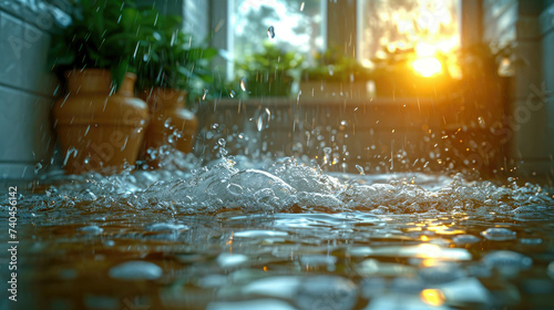 Flood, flooding in a house, apartment, burst water pipe, water drop splashing on the floor in living room at sunset background