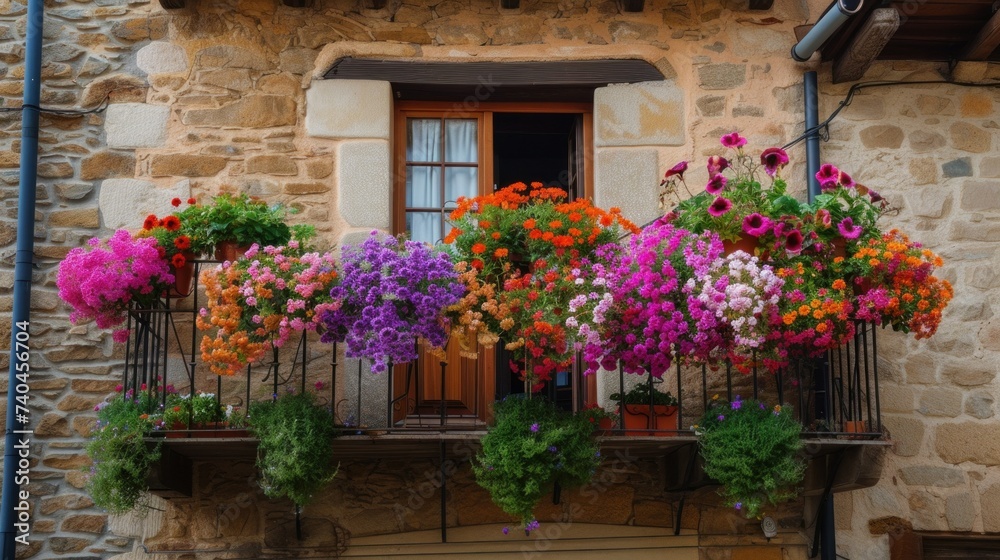 Flowers in Flower pot hanging on on traditional Balcony Fence, Spring Beautiful Balcony Flowers on Sunset