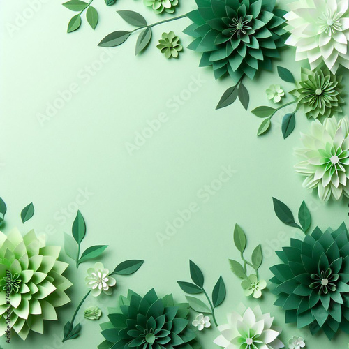 Green paper flowers on green backdrop  great for International Women s Day and Mother s Day greetings.