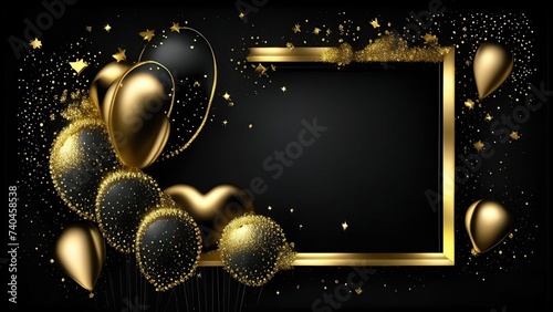 a thin gold frame and several black balls with a gold border on a black background photo