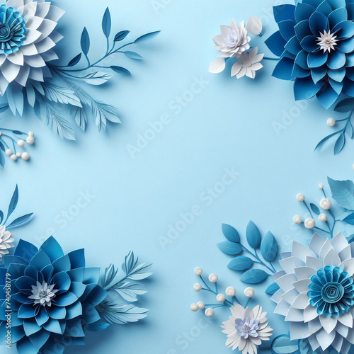 Blue paper flowers background with space for text. Ideal for International Women's Day and Mother's Day postcards.