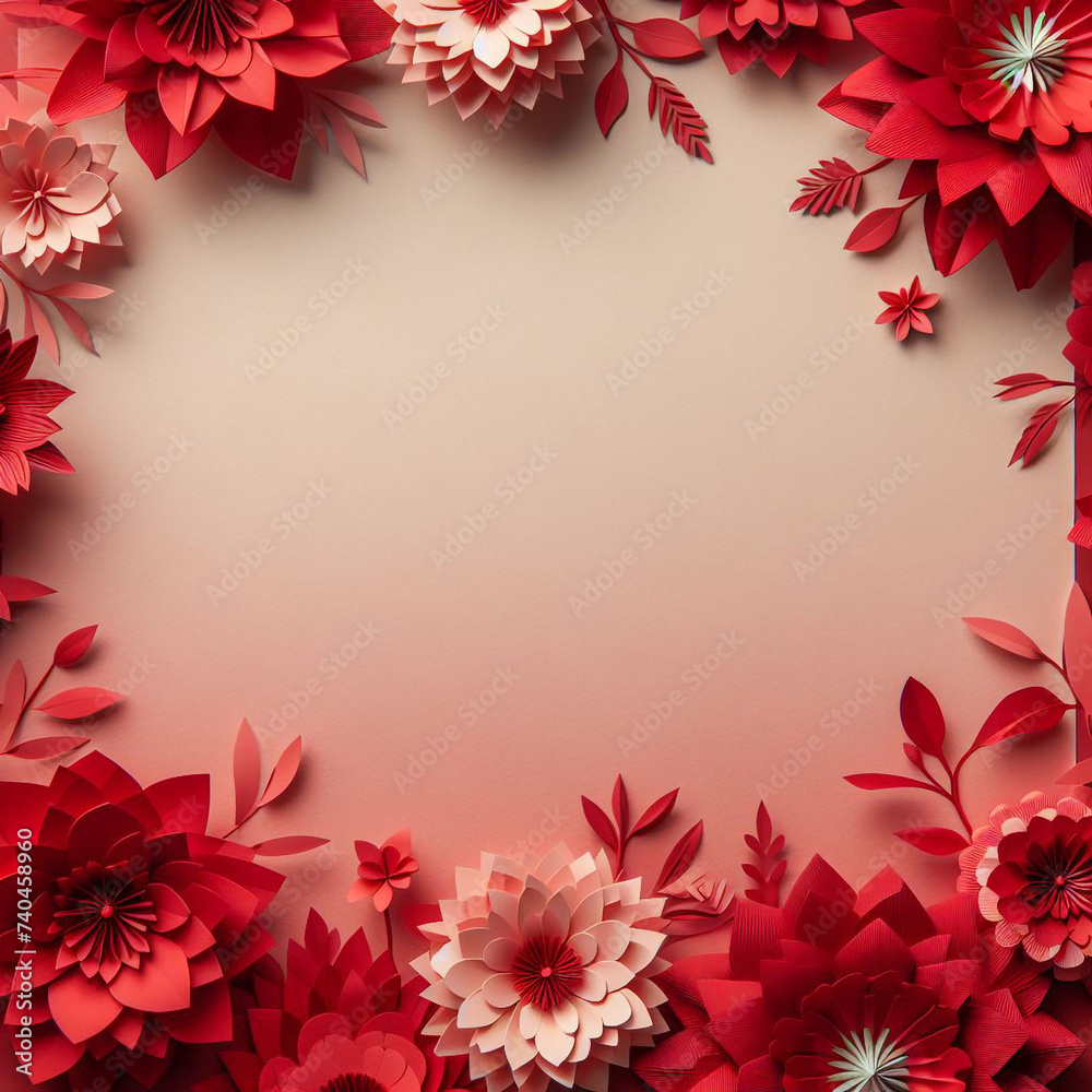 Obraz premium Eye-catching red paper flowers set on a pink background. Perfect for creating cards for Mother's Day and International Women's Day.