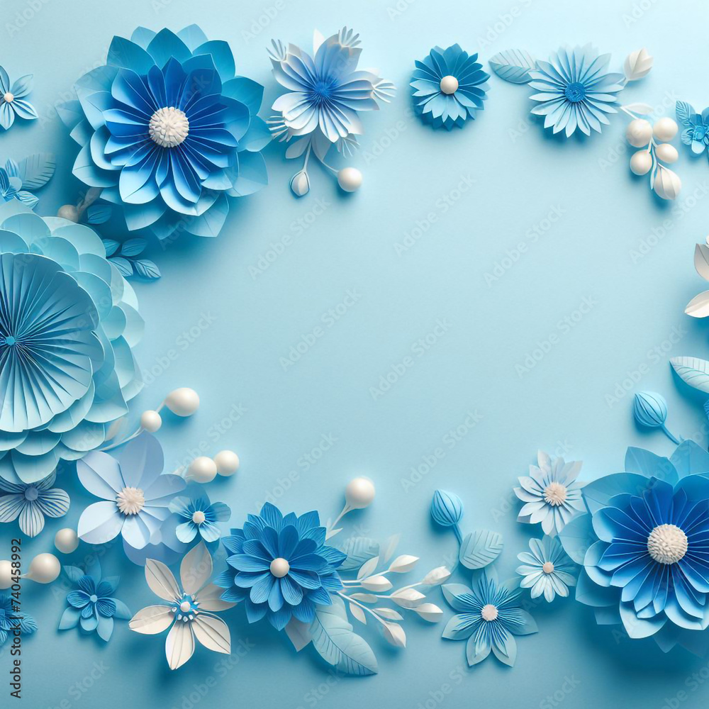 Background of blue paper flowers with room for text. Perfect for International Women's Day and Mother's Day cards.