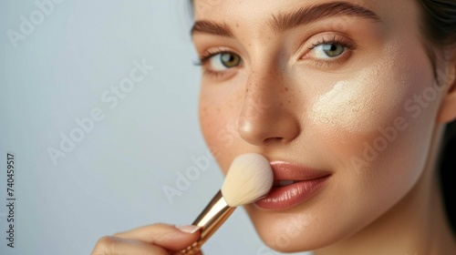 Closeup portrait of a woman applying dry cosmetic tonal foundation on the face using makeup brush photo