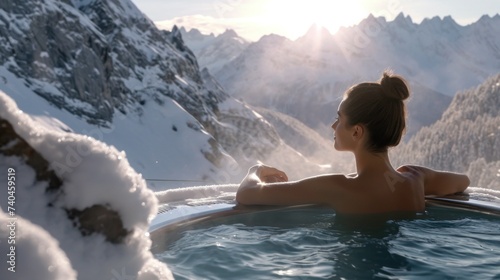 Woman relaxing in hot bath outdoors, sitting back and enjoying beautiful view on snowy mountains. Winter holidays in the mountains, hot water treatments concept