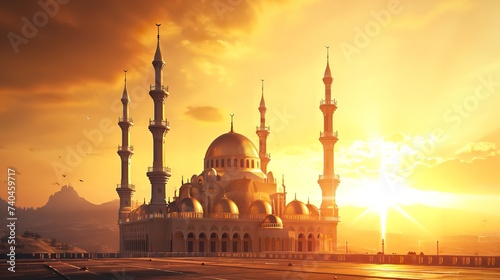 Illustration of the Beautiful Shiny Mosque and Crescent Moon