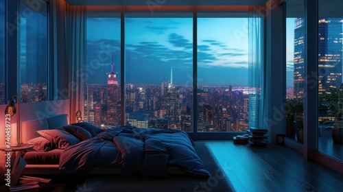 Comfortable unmade bed with pillow and crumpled blanket and panoramic window with city view in evening at cozy hotel room.