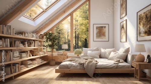A minimalist bedroom with Scandinavian white walls and birch wood furniture © Ramzan