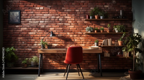 A minimalist home office space with soft terracotta accent wall and dark brick desk