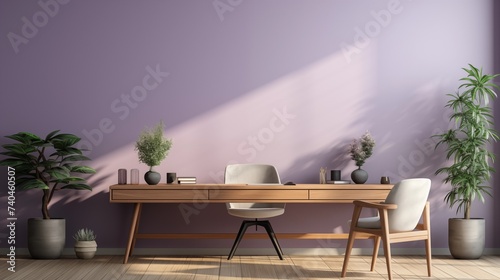 A minimalist home office space with tender lavender accent wall and shadowed violet desk
