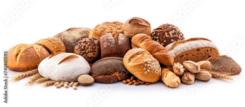 A variety of bread types displayed on a white background, showcasing staple foods like baked goods made from natural ingredients like nuts and dried fruits
