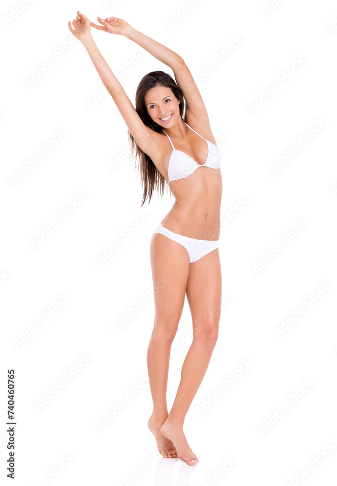 Woman, portrait and happy in bikini for fashion and beauty, swimwear style with cosmetics and skin on white background. Healthy glow, body and freedom with model in beach wear or underwear in studio Woman, portrait and happy in bikini for fashion and beauty, swimwear style with cosmetics and skin on white background. Healthy glow, body and freedom with model in beach wear or underwear in studio