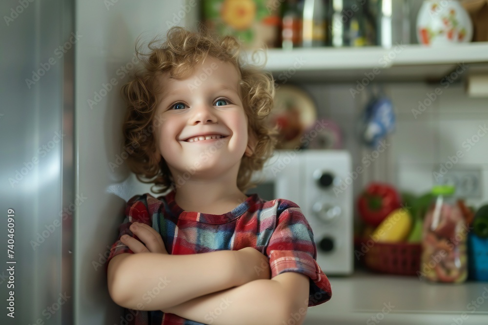 happy child and refrigerator, portrait of a little child in a kitchen happy child and refrigerator, portrait of a little child in a kitchen