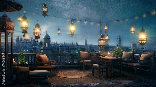 a warm and inviting wallpaper capturing the essence of a Ramadan iftar scene on a rooftop with beautifully lit lanterns. seamless looping time-lapse virtual 4k video animation background