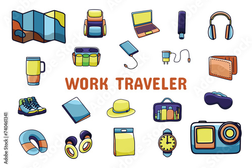 Work Traveler Lineal Color Vector Illustration Icon Sticker Set Design Materials