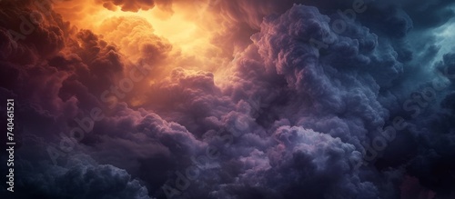 An atmospheric sky filled with dark purple cumulus clouds, with a bright violet light shining through, creating a mystical and ethereal atmosphere