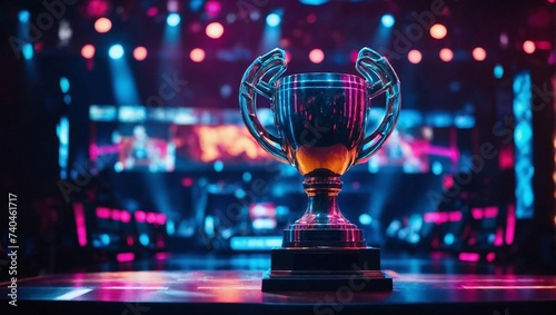 esports winner trophy standing on the stage in the middle of the arena of the computer video game championship photo