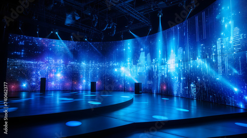 An empty room with a stage, graphic hologram and spotlight design for a futuristic background presentation. Front view. Blue color tone.
