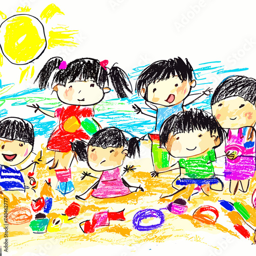 children playing together on the beach with sunny day 