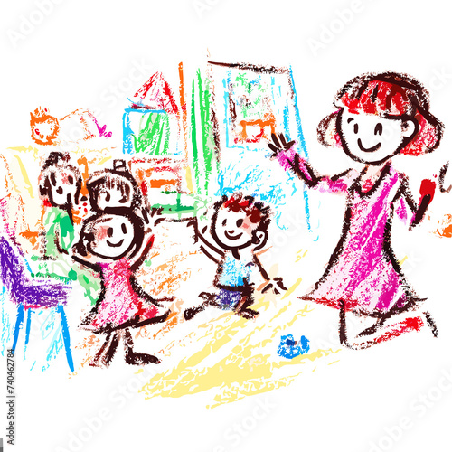 children studying in the school with smiling teacher