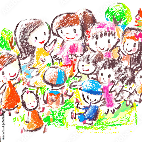 many types of children playing fun. crayons style artwork drawing.