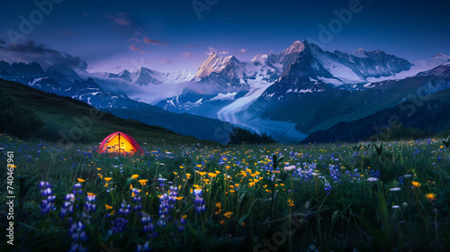 Small camping tent in the middle of Wildflower meadow with distant snow-covered mountains, during early morning, Generative AI image.