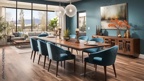 A modern dining room with soft aqua upholstered chairs and a dark cobalt accent wall