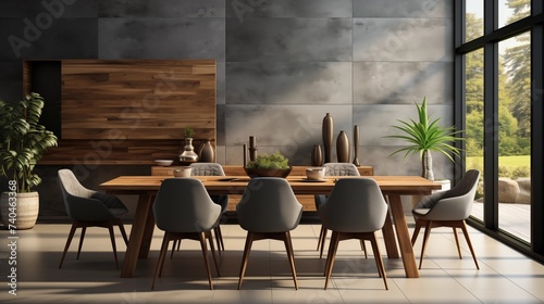 A modern dining room with soft gray upholstered chairs and a deep charcoal accent wall