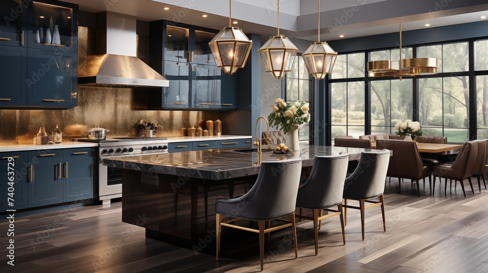 A modern kitchen with pale gold cabinets and twilight blue quartz countertops