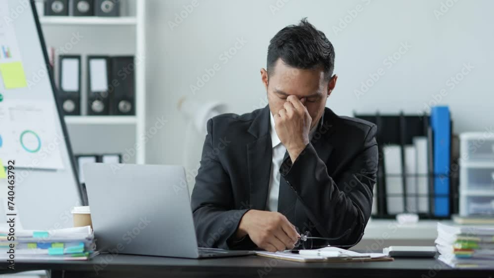 Tired Asian businessman Accountant sitting in office at desk with laptop and stack of documents looking at documents, stressed, headache, aches, cold, fatigue, joint pain from a hard and boring day. Tired Asian businessman Accountant sitting in office at desk with laptop and stack of documents looking at documents, stressed, headache, aches, cold, fatigue, joint pain from a hard and boring day.