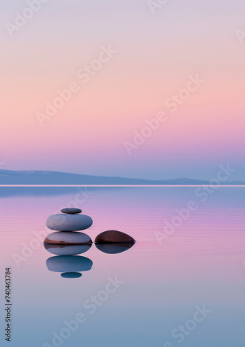 Serene Dawn Scene with Balanced Zen Stones