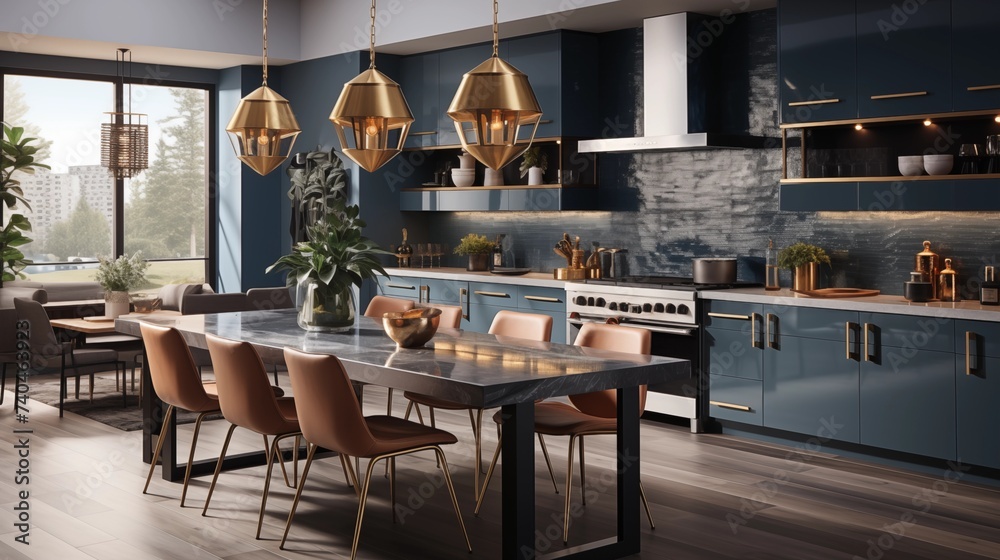 A modern kitchen with pale gold cabinets and twilight blue quartz countertops - obrazy, fototapety, plakaty 