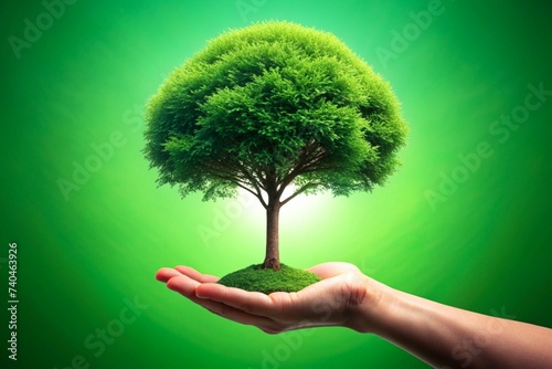 Hand Holding Large Tree on Green Background