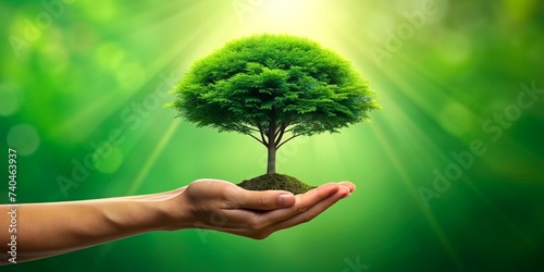 Hand Holding Large Tree on Green Background