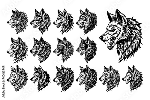 Illustration of roaring wolf face silhouette design set