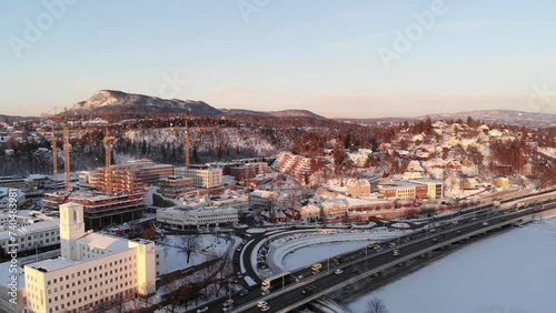 Baerum Municipality During Winter In Greater Oslo Region, Norway. City Hall And Highway In Foreground. aerial shot photo