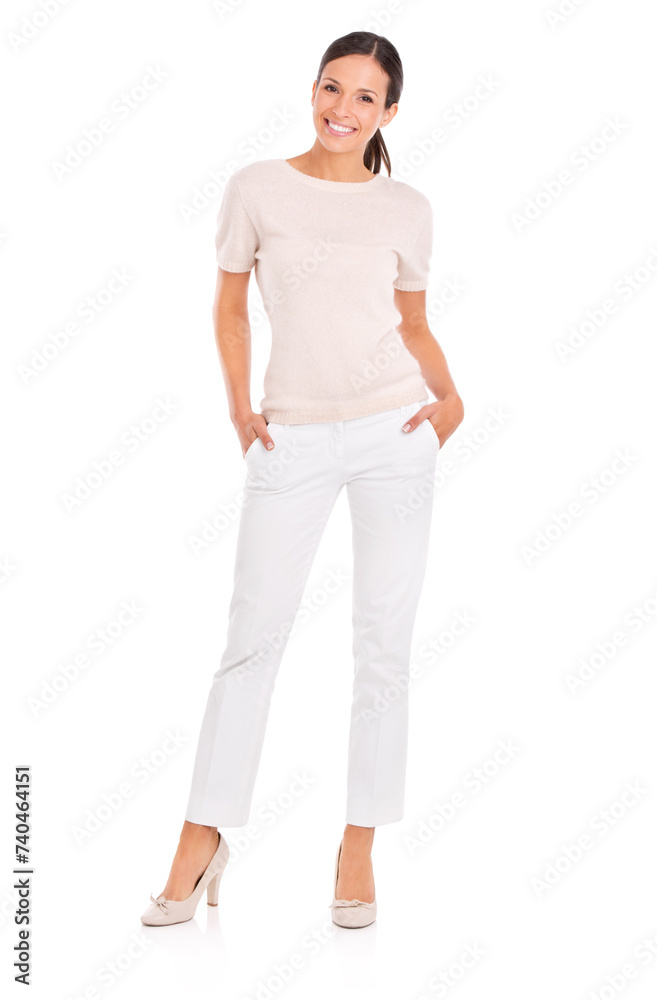 Businesswoman, portrait and confident in studio, happy and pride for career on white background. Female person, full body and smiling for startup company, entrepreneur and positive for opportunity Businesswoman, portrait and confident in studio, happy and pride for career on white background. Female person, full body and smiling for startup company, entrepreneur and positive for opportunity