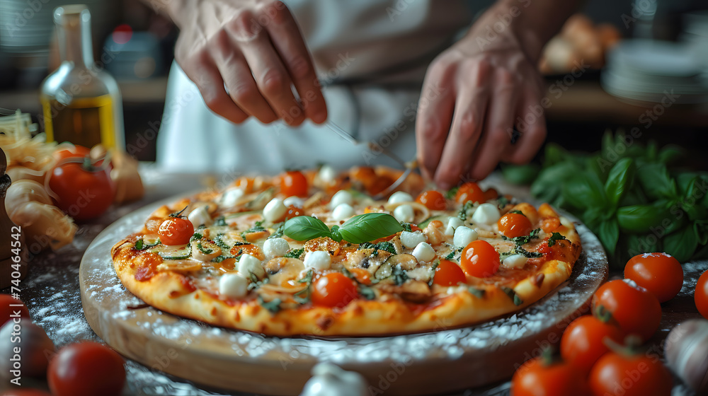 Professional male Chef Preparing Pizza in a restaurant. Adding Ingredients, Special Sauce, Cheese, Traditional Family Recipe. Authentic Italian Pizzeria. AI