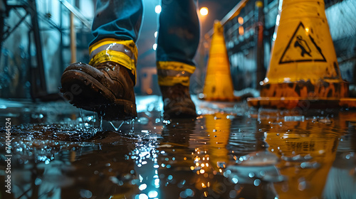 Accident on site. Construction worker has an accident a slip-and-fall accident on a wet floor at a construction site, accident while working, Focus is on the fallen worker and the immediate danger. AI photo