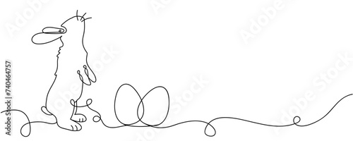 Easter bunny and Easter eggs isolated on white background, one continuous line drawing, banner for design.
