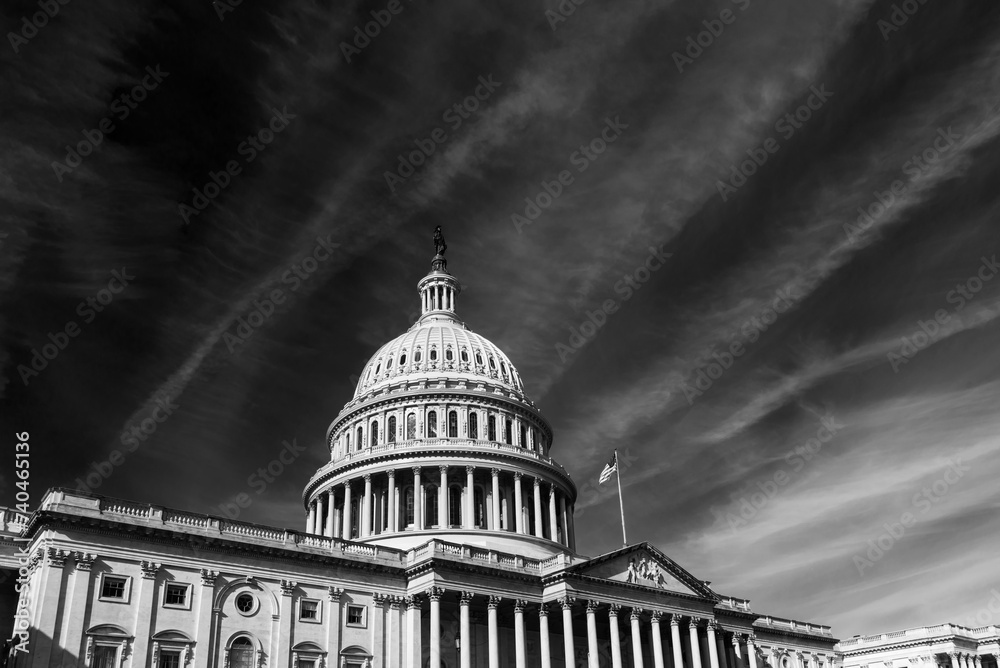 A black and white image of the Capitol Building dome. Capitol building, Washington DC
