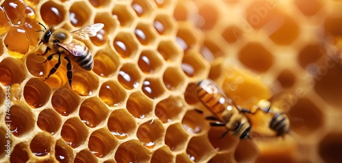 A close up of a beehive with bees on a honeycomb made of natural material. The yellow insects, known as pollinators, are arthropods and terrestrial animals crucial for plant pollination